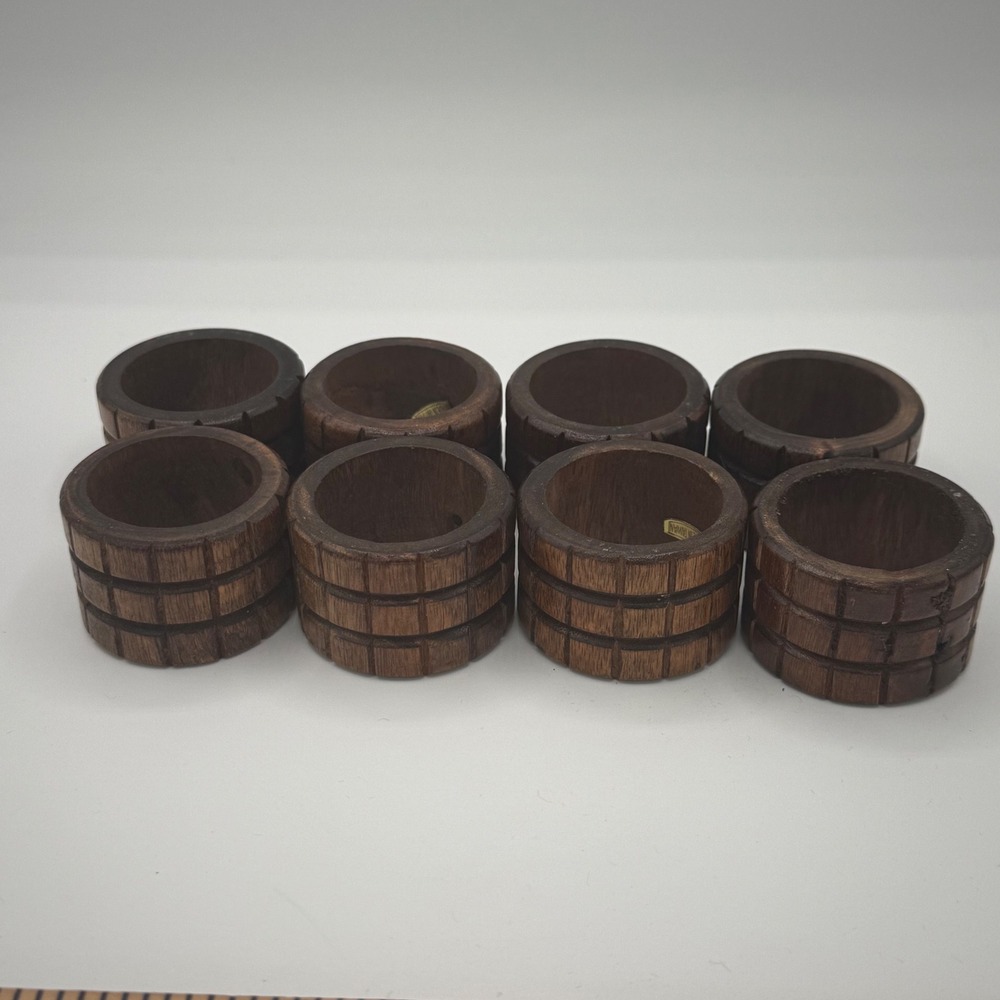 Vintage Dark Wood Napkin Rings Set of 8 Carved Grid Pattern Brown Rustic Decor